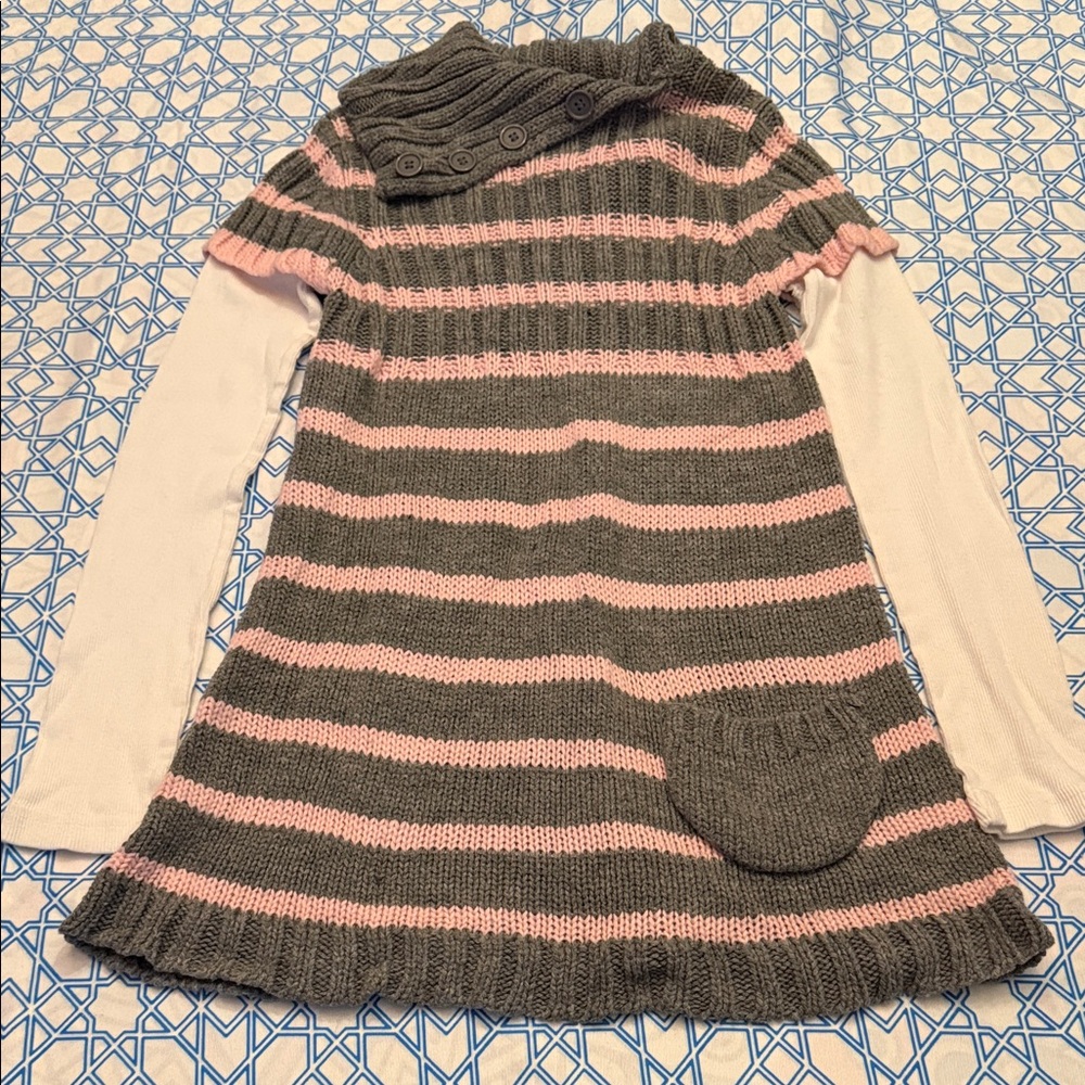 Girls Energie Gray and Pink Striped Knit Dress with White Sleeve Layer